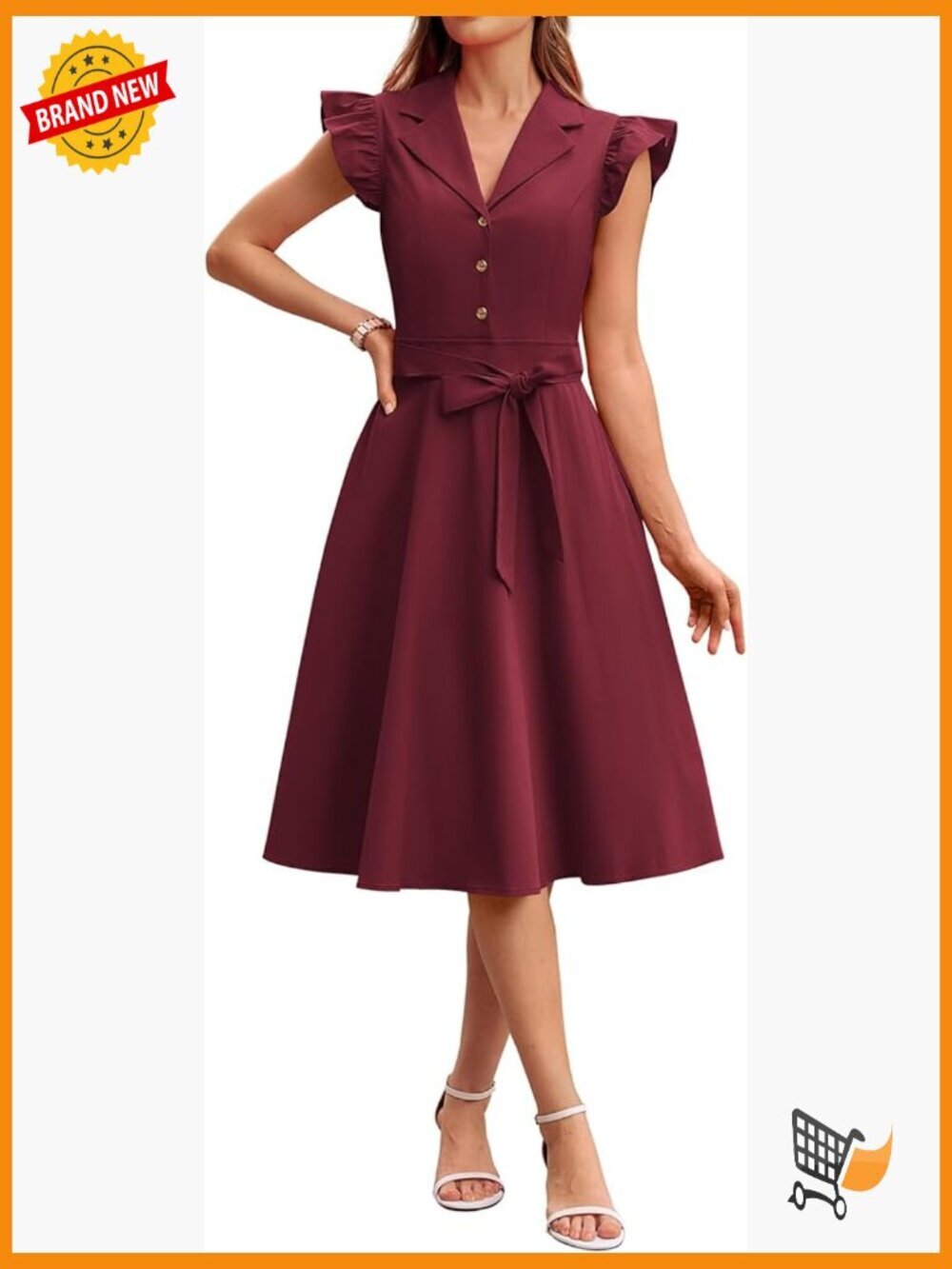 Flutter Short Sleeve Midi Dress with Pockets Button Down Work Dress